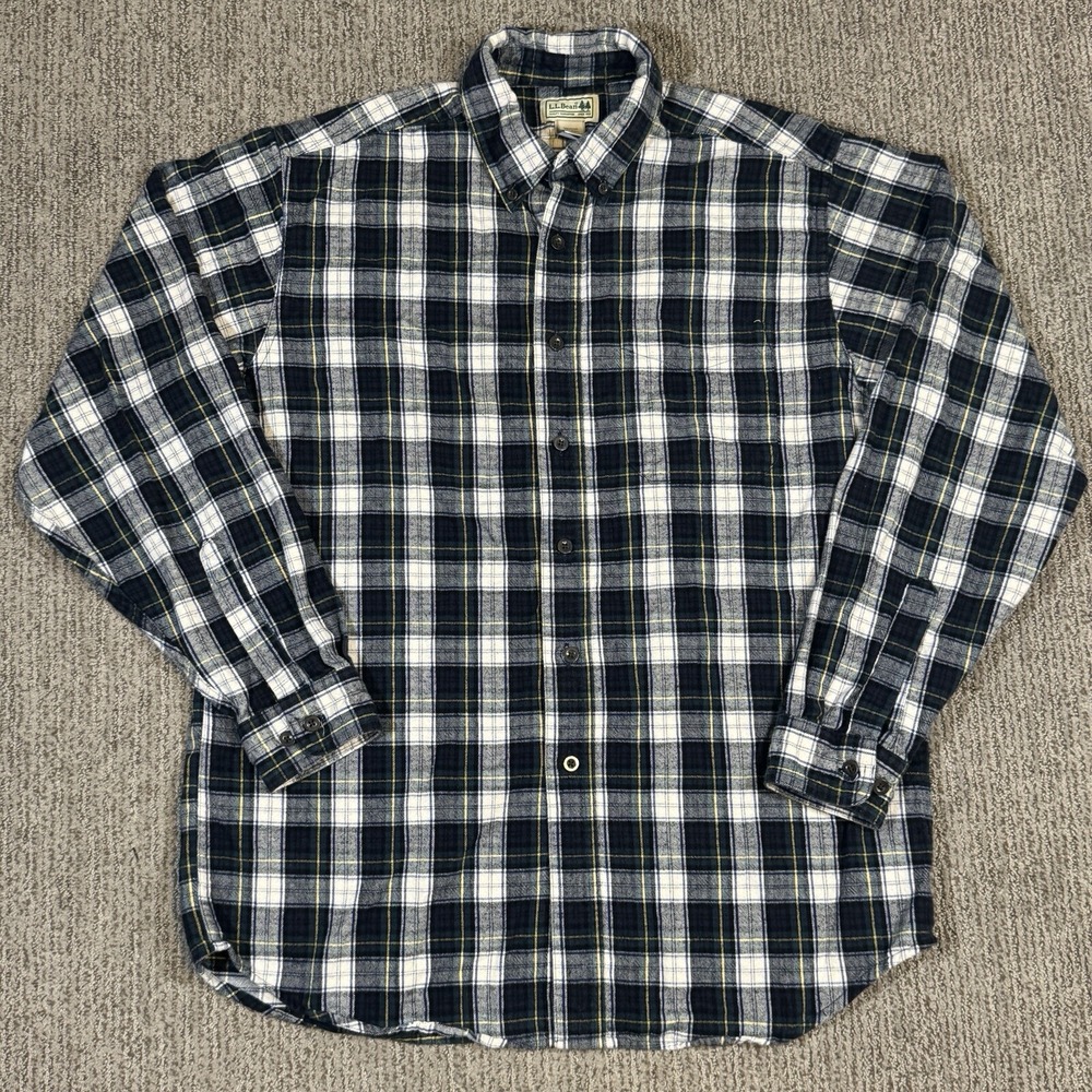 LL Bean Mens M Reg Flannel Button Up Shirt 100% Cotton Navy Blue Green Plaid